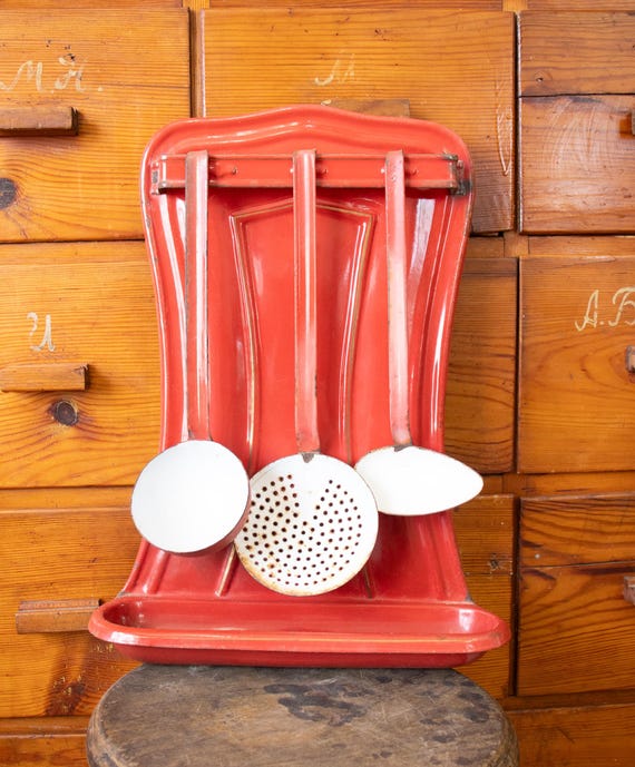 Vintage Red Enamel Kitchen Utensil Holder