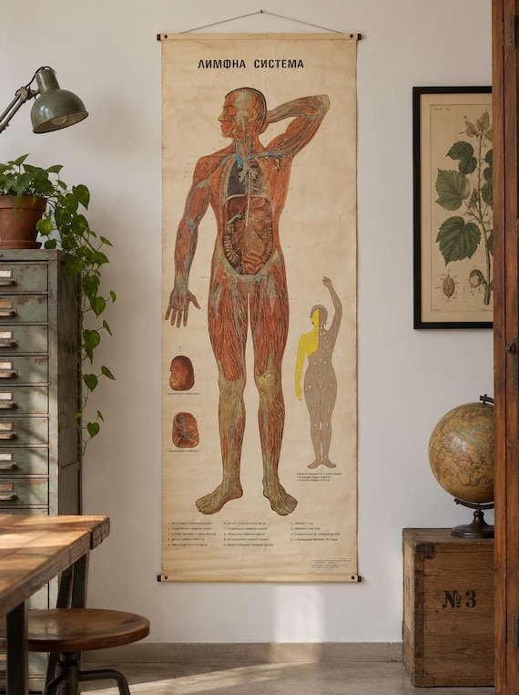 Vintage Bulgarian Anatomical Chart Lymphatic System