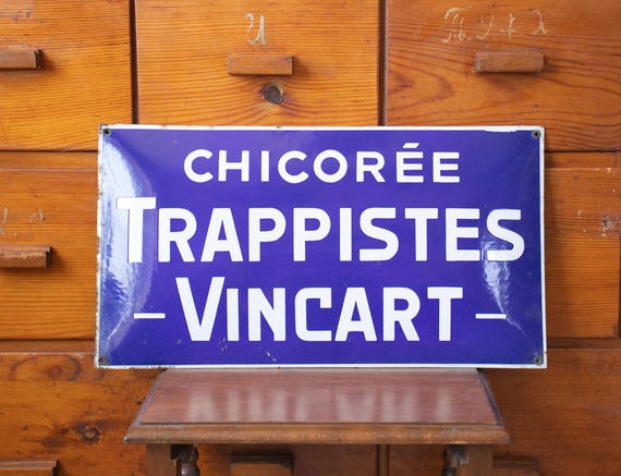 Vintage Belgian Enamel Advertising Sign – Chicorée Trappistes Vincart