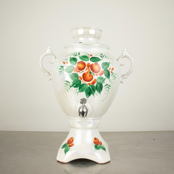 Vintage Porcelain Beverage Dispenser, Samovar-Style Hand-painted