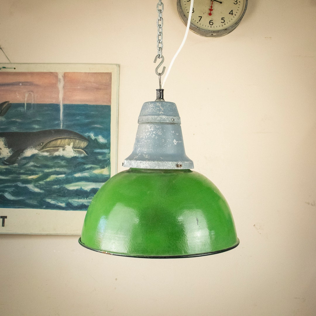 Green Enamel Lamp Shade, Vintage Pendant Light, Old Factory Lamp Etsy