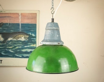 Green Enamel Lamp Shade, Vintage Pendant Light, Old Factory Lamp