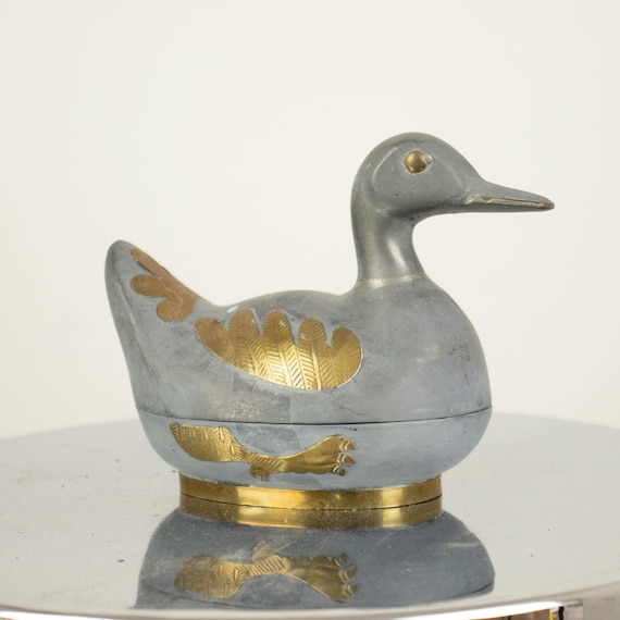 Vintage Duck-Shaped Box – Lead and Brass Decorative Trinket Box – Animal Figurine Storage