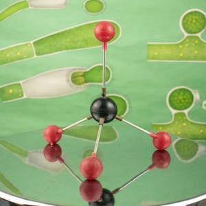 May include: A molecular model of a molecule with a central black atom and four red atoms attached to it. The model is made of plastic and metal.