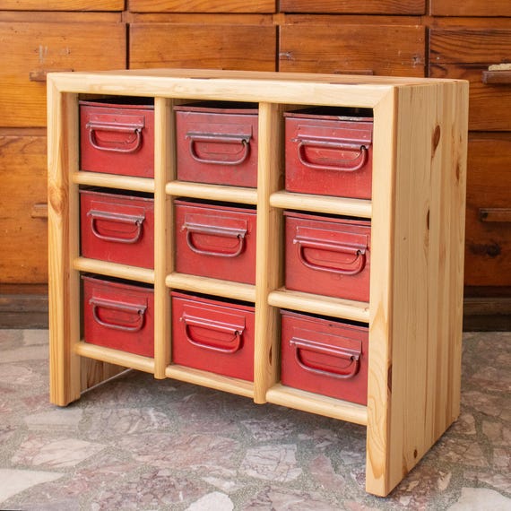 Industrial Storage Cabinet with 9 Vintage Metal Bins