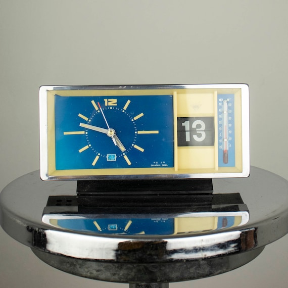 Vintage Chinese Mechanical Alarm Clock with Calendar and Thermometer