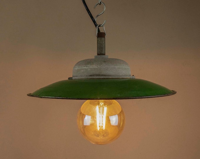 Vintage Enamel Pendant Lamp with Large Edison Bulb, Green Enamel Factory Light