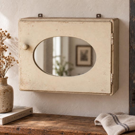Vintage Wooden Wall Cabinet with Oval Mirror, Cream-Painted Bathroom / Medicine Cabinet
