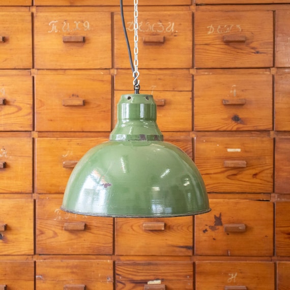 Vintage Bulgarian Green Enamel Factory Pendant Lamp