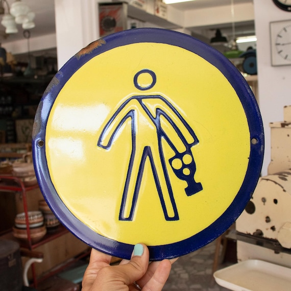 Rare Round Vintage Enamel Sign, Vintage Porcelain Enamel Sign Man with a Gas Mask
