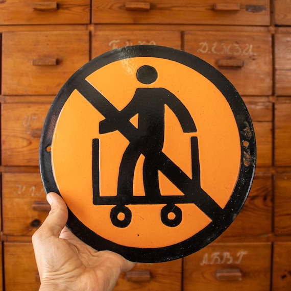 Vintage Industrial Enamel Safety Sign – No Hand Trolleys / Carts – Orange Black Prohibition Sign – Factory Warehouse Sign 25 cm