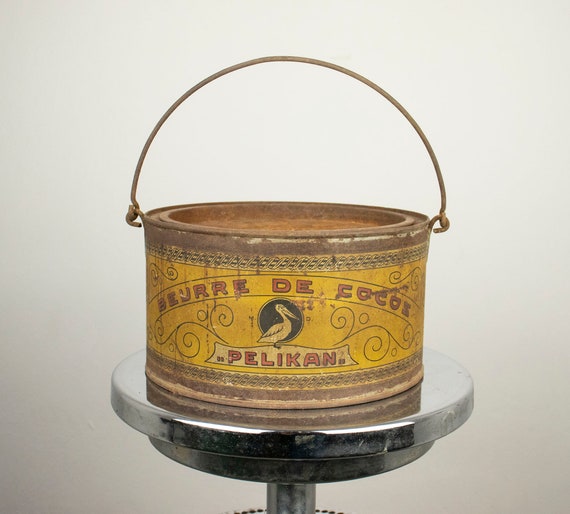 Vintage Bulgarian Coconut Butter Tin Can Pelican 1930s