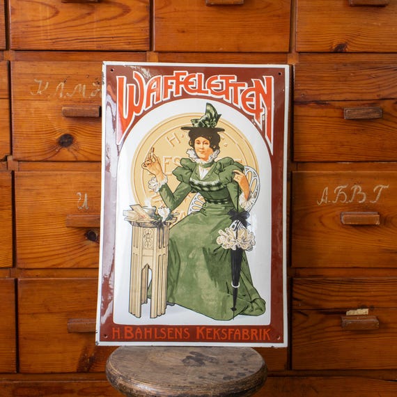 Vintage Bahlsen "Waffeletten" Enamel Advertising Sign – 1970s Reproduction – German Biscuit Advertisement