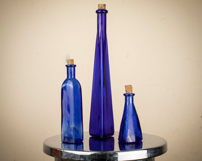 Set of 3 Vintage Handmade Blue Glass Bottles with Cork Stoppers