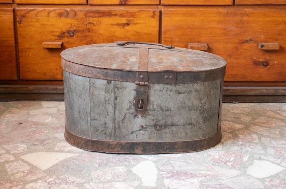 Oval Metal Storage Box, Large Rustic Farmhouse Trunk