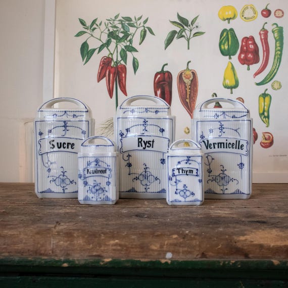 Vintage Dutch/Belgian Blue & White Porcelain Kitchen Jar Set