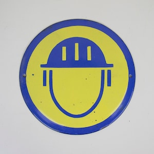 Round Vintage Enamel Sign 'Wear Helmet", Vintage Porcelain Enamel Safety Sign