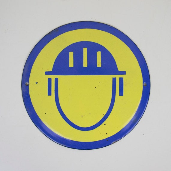 Round Vintage Enamel Sign 'Wear Helmet", Vintage Porcelain Enamel Safety Sign