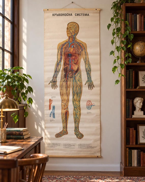 Vintage Anatomical Poster 1982, Human Circulatory System Chart