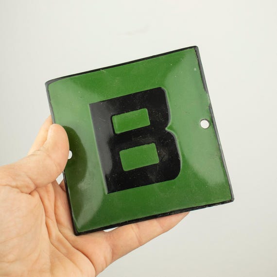 Vintage Green Enamel Factory Sign “B”, Communist Era Industrial Wall Decor from Bulgaria