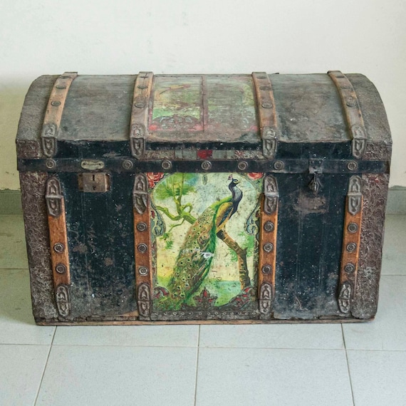 Antique Wooden Trunk with a Peacock Painting, Vintage Chest