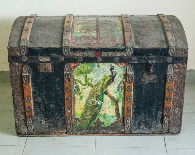 Antique Wooden Trunk with a Peacock Painting, Vintage Chest