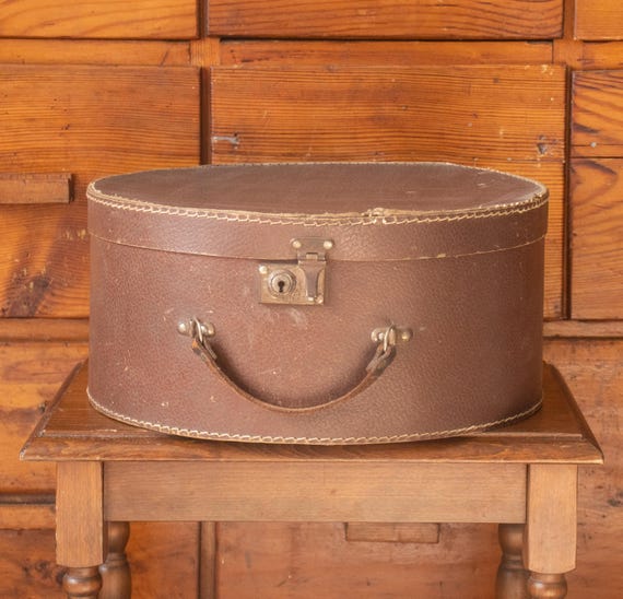 Vintage Oval Hat Box, Brown Cardboard Travel Case with Leather Handle
