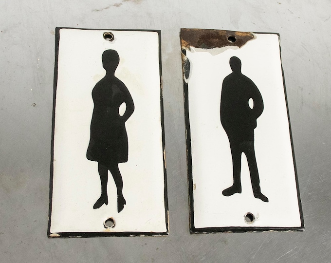 Set of 2 Vintage Restroom Enamel Signs from a Station, Retro Toilet Porcelain Signs