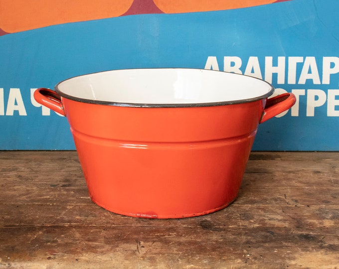 Vintage Enamel Basin, Red Porcelain Enamel Basin with Handles