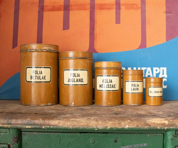 Set of 5 Vintage Apothecary Tin Boxes