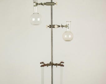 Vintage Laboratory Iron Stand with Two Lab Flasks and Two Test Tubes
