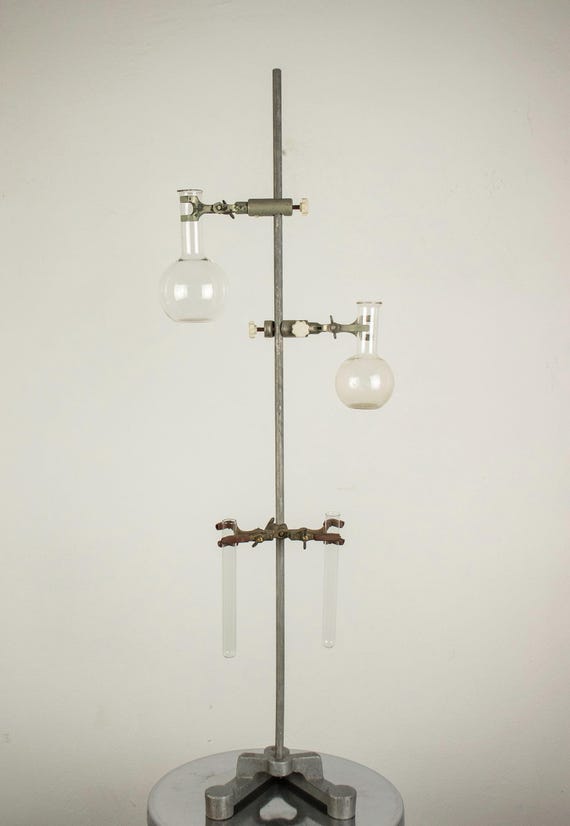 Vintage Laboratory Iron Stand with Two Lab Flasks and Two Test Tubes
