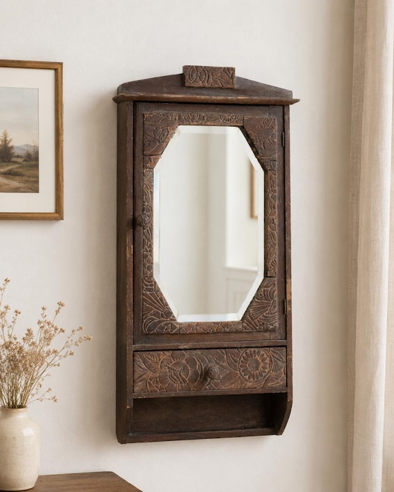 Antique Belgian Carved Wood Wall Cabinet with Bevelled Mirror