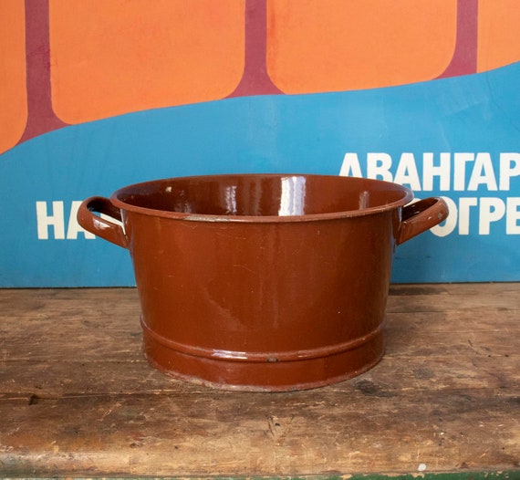 Vintage Enamel Basin, Brown Porcelain Enamel Basin with Handles