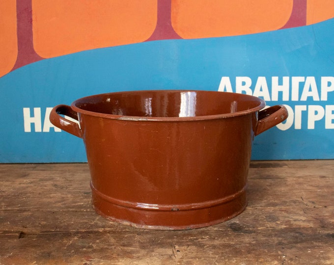 Vintage Enamel Basin, Brown Porcelain Enamel Basin with Handles