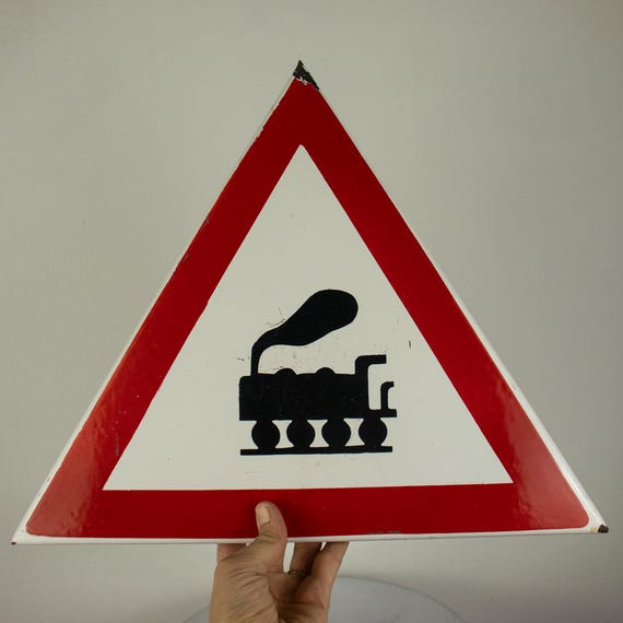 Vintage Enamel Traffic Sign, Old Triangular "Train Passing" Traffic Sign