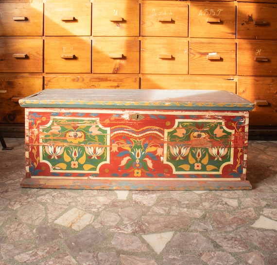 Vintage Bulgarian Painted Dowry Chest, 1950s Folk Art Wooden Trunk