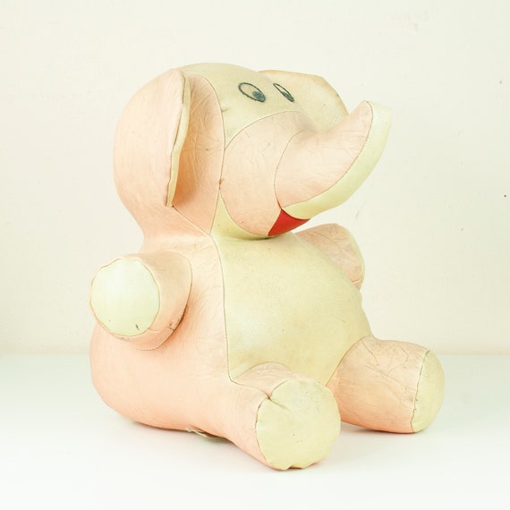 Vintage Leather Stuffed Elephant, Vintage Toy Pink Elephant