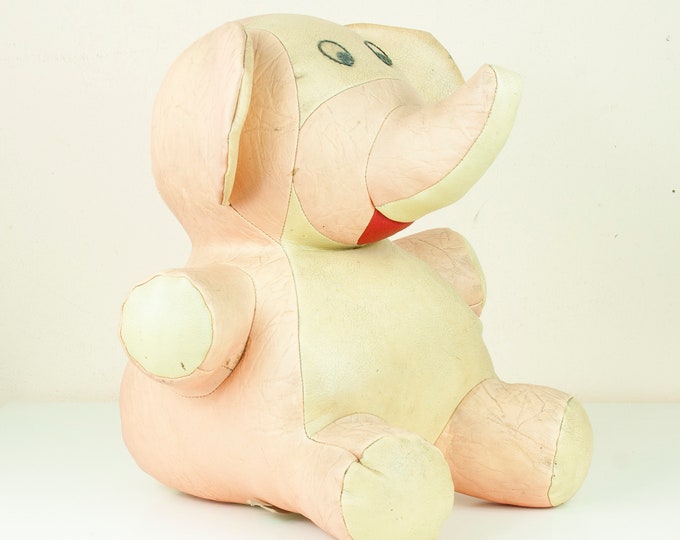 Vintage Leather Stuffed Elephant, Vintage Toy Pink Elephant