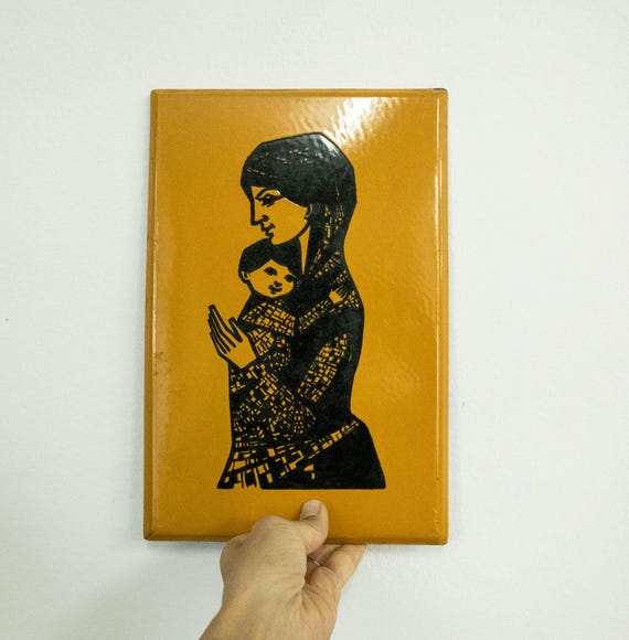 Vintage Hungarian Enamel Sign – Mother and Child Graphic