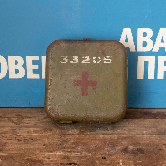 Vintage Military Metal Red Cross Box