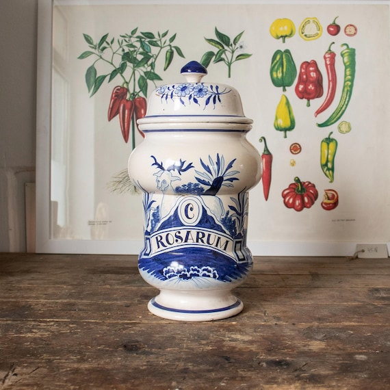 Vintage Porcelain Apothecary Jar “ROSARUM” , 1950s Dutch Pharmacy Jar with Blue Botanical Motifs
