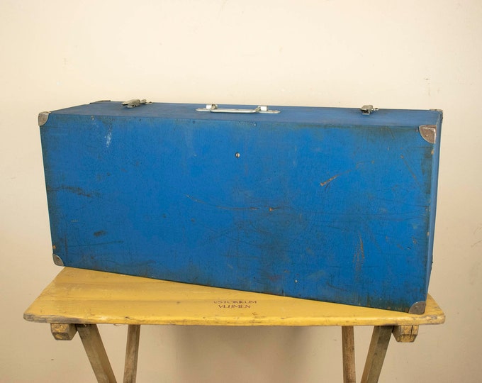 Big Blue Vintage Wooden Suitcase made in France