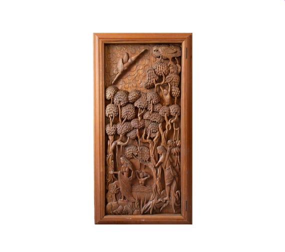 Hand-Carved Wooden Wall Cabinet with Mythological Relief, Hidden Storage