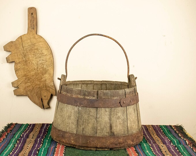 Vintage Wooden Water Tub, Rustic Bulgarian Water Bucket