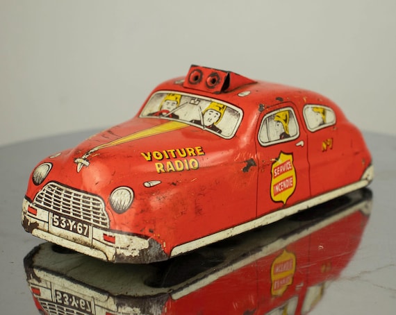 Vintage French Tin Toy Fire Car “Voiture Radio Service Incendie”