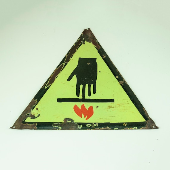 Factory sign “Beware Hot Surface”, Vintage Enamel Sign, Porcelain Enamel Factory Sign