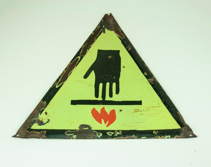 Factory sign “Beware Hot Surface”, Vintage Enamel Sign, Porcelain Enamel Factory Sign