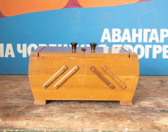 Vintage Wooden Sewing Supplies Extendable Storage Box