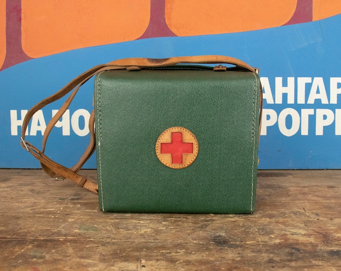 Vintage Leather Nurse Bag, Old Handbag with Red Cross